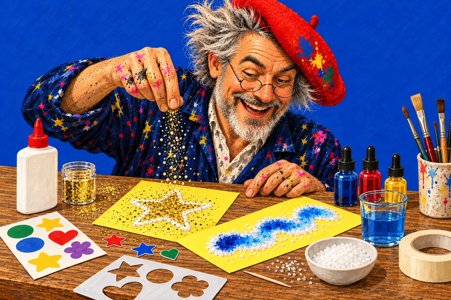 のりの星にラメをふりかける画家の手描きのイラスト。そばに青い絵の具を吸いこむ塩をのせたのりの線、シール、インクのスポイト、ステンシル、テープ。