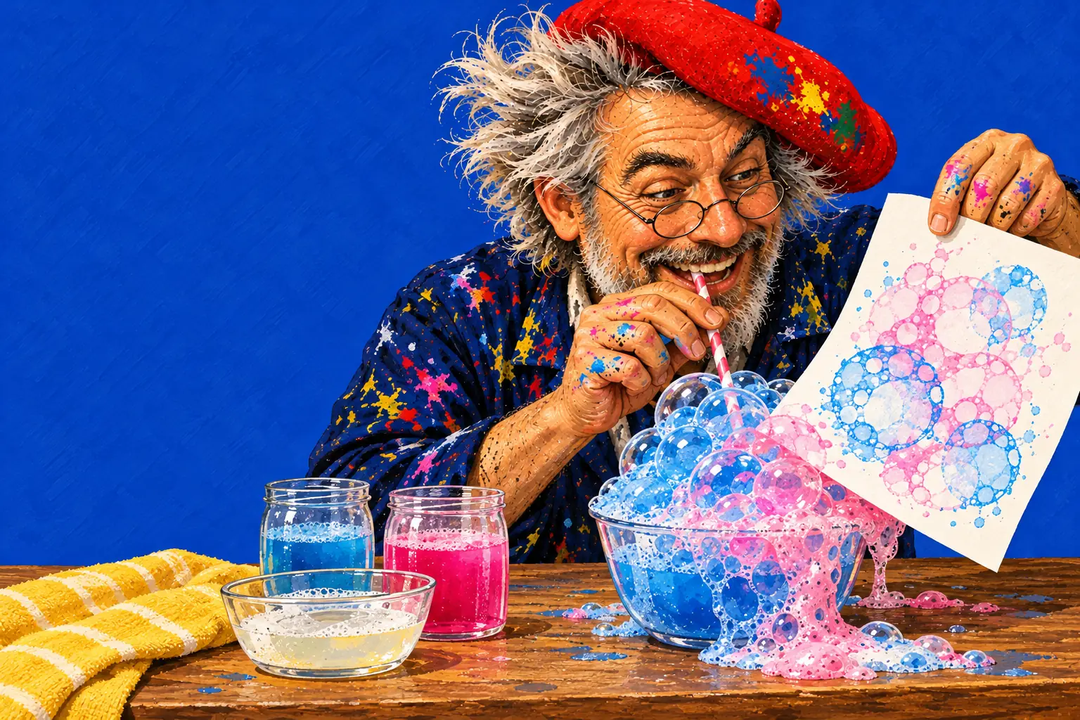 Gemalte Illustration: Der Maler pustet mit einem Strohhalm bunte Blasen über einer Schüssel und hält ein Papier mit spitzenartigen blauen und rosa Ringen hoch.