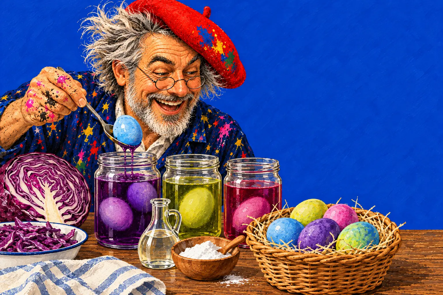 Painted illustration of the painter lifting a sky-blue egg out of a jar of red cabbage juice, with jars of dye, a basket of coloured eggs and a red cabbage.