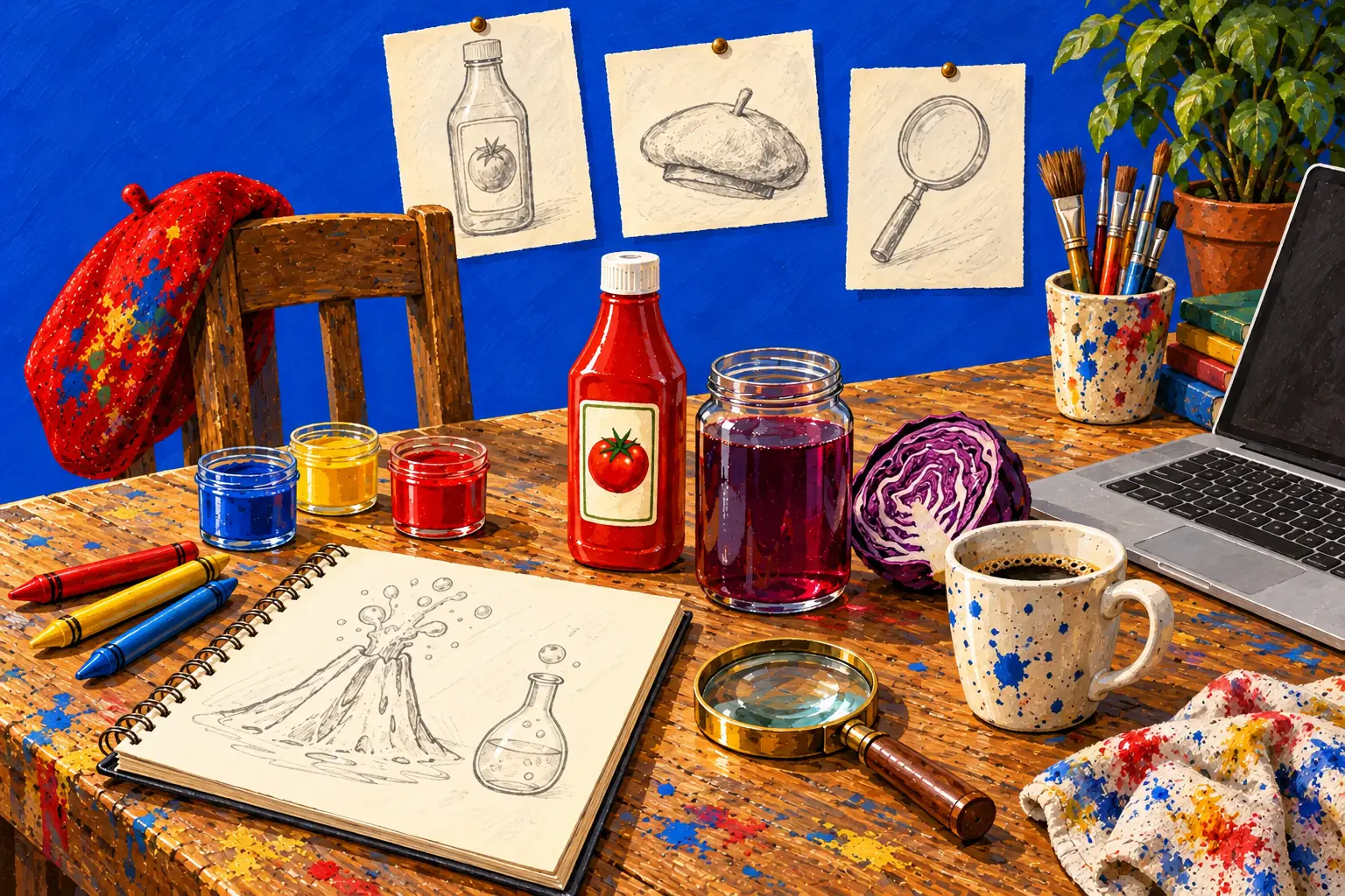 Painted illustration of the worktable of Professor Oops, the painter, with sketches pinned up, paint pots, crayons, a sketchbook, a laptop, a ketchup bottle, red cabbage juice and his beret on the chair.