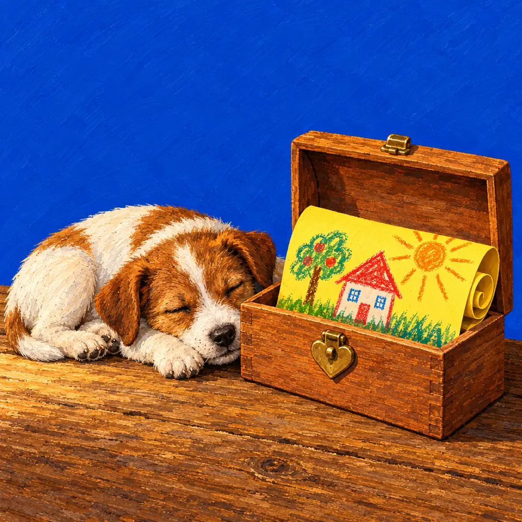 Geschilderde illustratie: een opgerolde kindertekening ligt veilig in een houten kistje met een hartvormig slotje, met een slapend hondje ernaast.