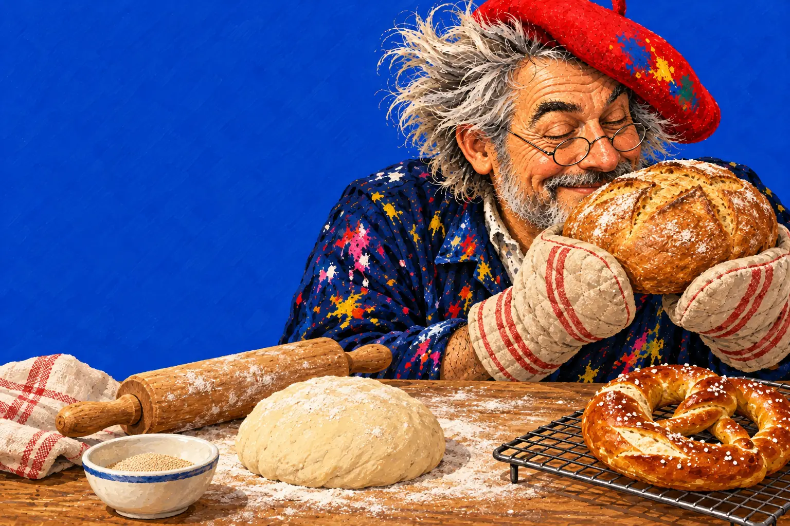 Gemalte Illustration: Der Maler mit Ofenhandschuhen riecht an einem goldbraunen Brot, daneben eine Teigkugel, ein Nudelholz, eine Schale Hefe und eine Brezel.