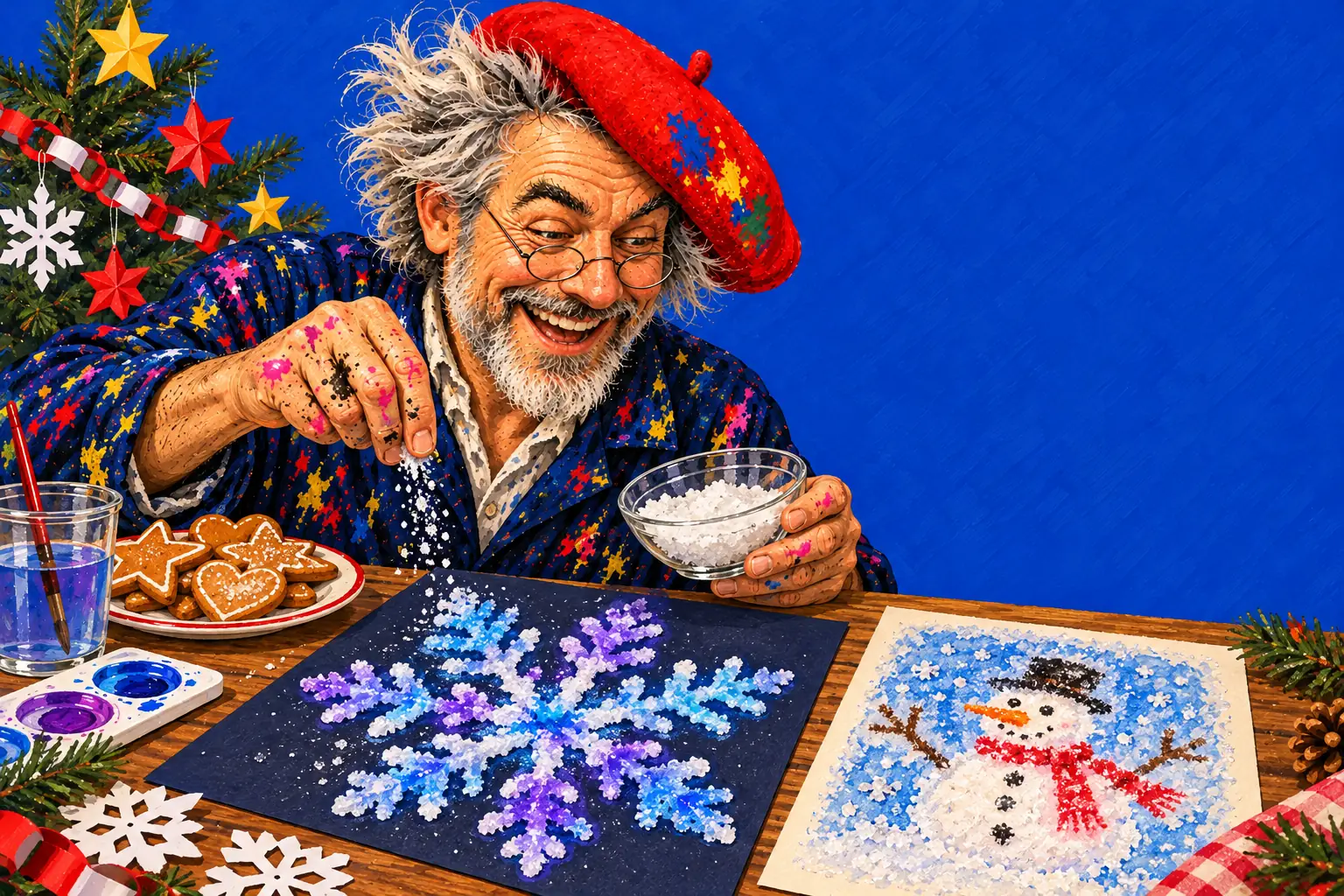 Painted illustration of the painter sprinkling salt on a big blue and purple snowflake painting, beside a frosted snowman drawing, gingerbread stars and hearts and a Christmas tree.