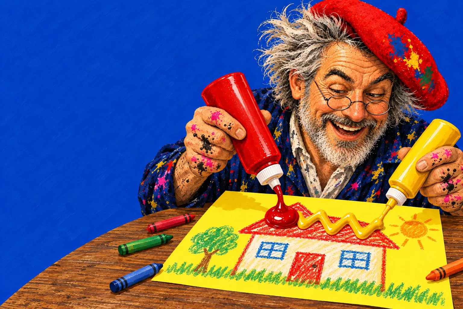 Painted illustration of the painter squeezing a glossy ketchup blob and a mustard zigzag onto a child's crayon drawing of a house.