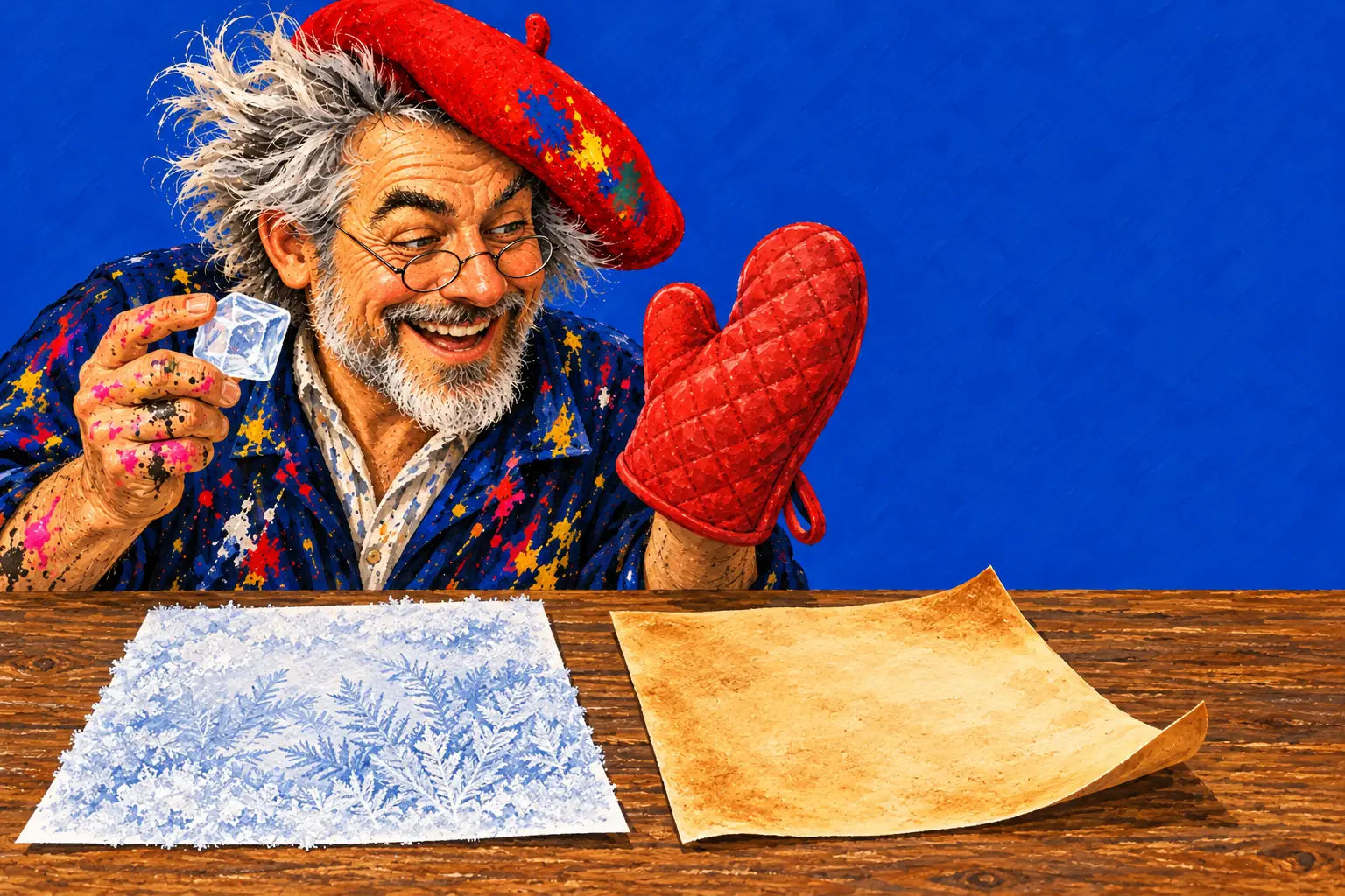 Geschilderde illustratie: twee vellen papier, het ene vol ijsvarens uit de vriezer, het andere goudbruin gebakken in de oven; de schilder houdt een ijsblokje en een ovenwant vast.