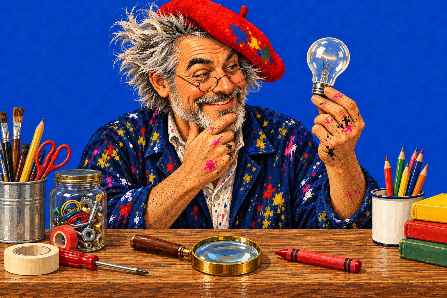Ilustración pintada del pintor acariciándose la barba mientras mira una bombilla en su mano, con una lupa y una cera sobre la mesa.