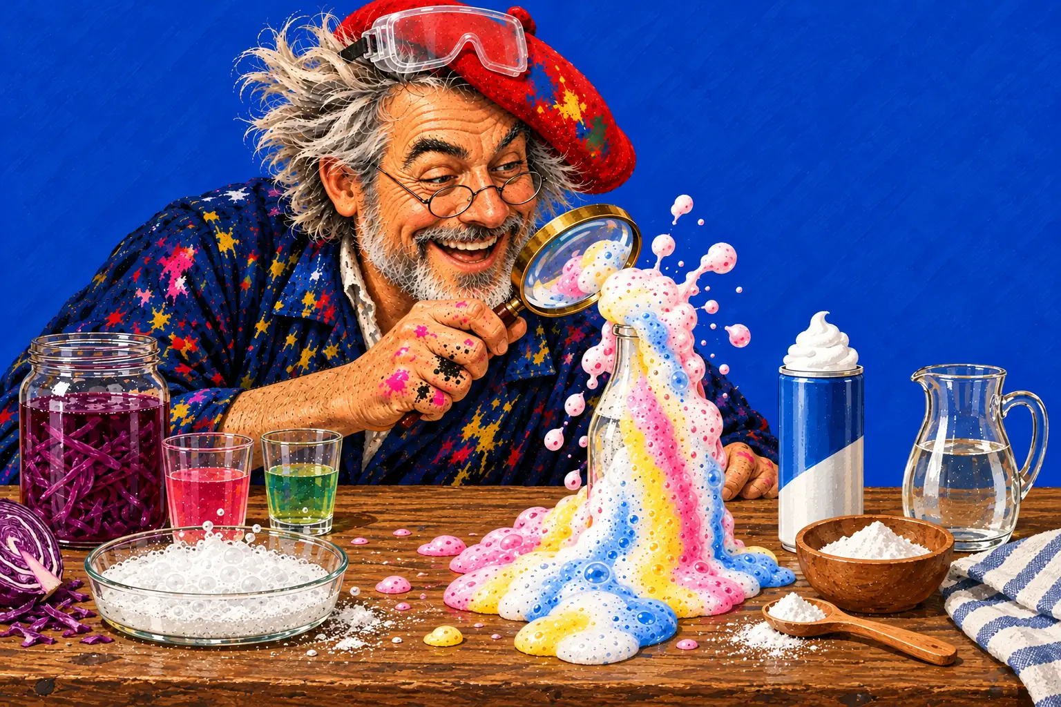 ベレー帽にゴーグルをのせた画家が、しまもようの泡があふれるボトルを観察する手描きのイラスト。ピンクと緑のコップの紫キャベツ液と、シュワシュワ泡立つ重曹も。