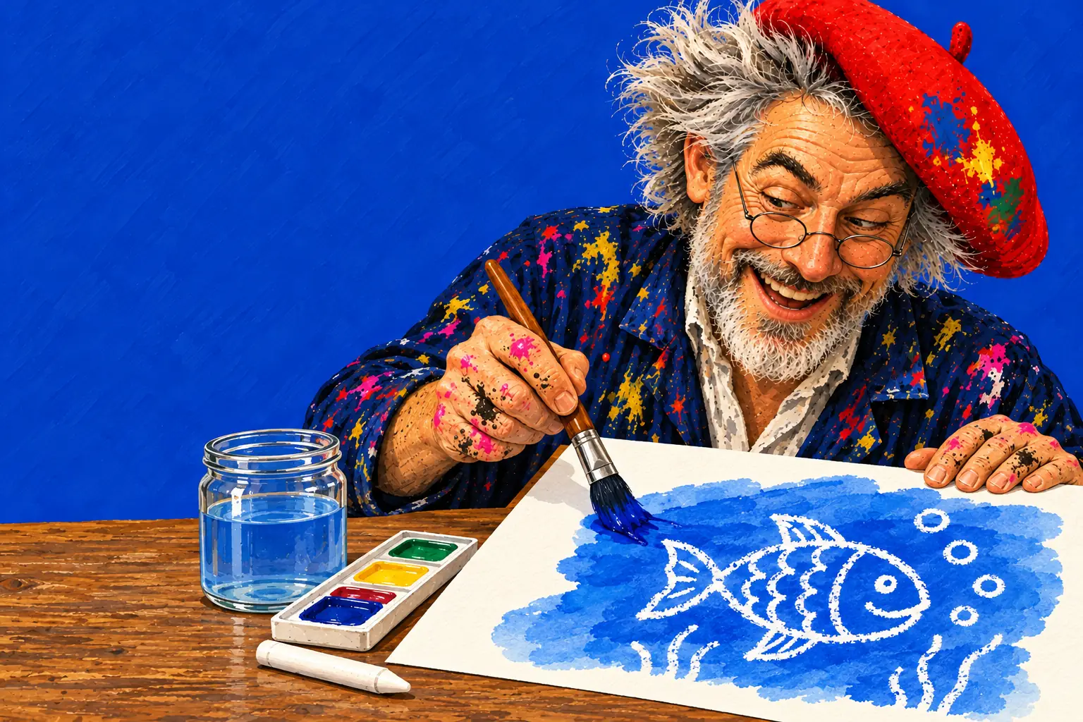 Gemalte Illustration: Der Maler streicht blaue Wasserfarbe über Papier, und ein weißer Wachsmalstift-Fisch mit Luftblasen kommt zum Vorschein.