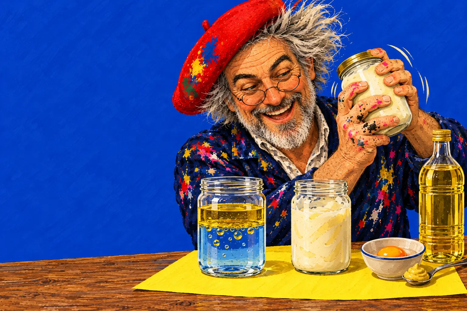 Gemalte Illustration: Der Maler schüttelt ein Glas, daneben ein Glas mit goldenem Öl auf blauem Wasser, ein Glas cremige Mayonnaise, ein Eigelb und Senf.
