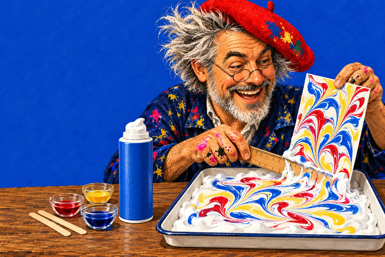 Gemalte Illustration: Der Maler streicht Rasierschaum von einer Karte, darunter ein marmorierter Abdruck, daneben eine Wanne mit Schaum und eingerührter Lebensmittelfarbe.