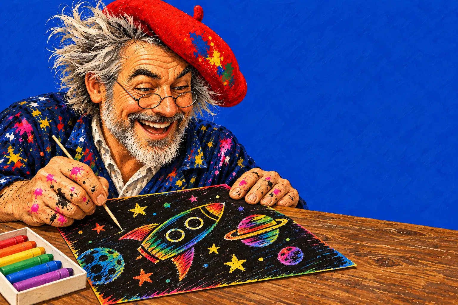 Illustration peinte : le peintre gratte la peinture noire avec un bâtonnet en bois et fait apparaître une fusée arc-en-ciel, des planètes et des étoiles.