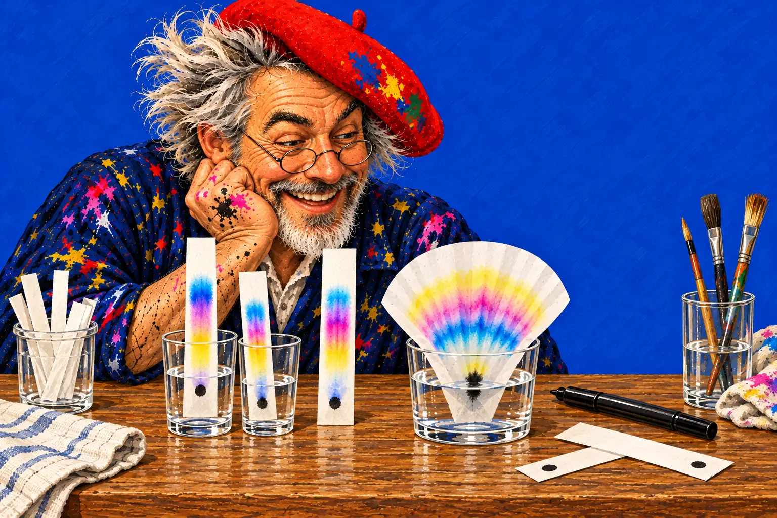 Gemalte Illustration: Papierstreifen und ein Kaffeefilter stehen in Gläsern mit Wasser, schwarze Filzstiftpunkte sind zu blauen, rosa und gelben Bändern auseinandergelaufen; der Maler schaut zu.