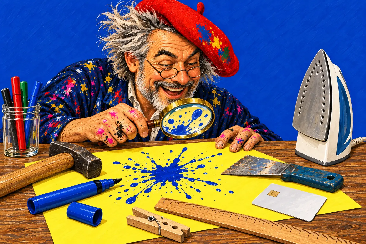 青いインクのしぶきを虫めがねで調べる画家の手描きのイラスト。ハンマー、つぶれたマーカー、スクレーパー、定規、アイロン、キャッシュカードも。