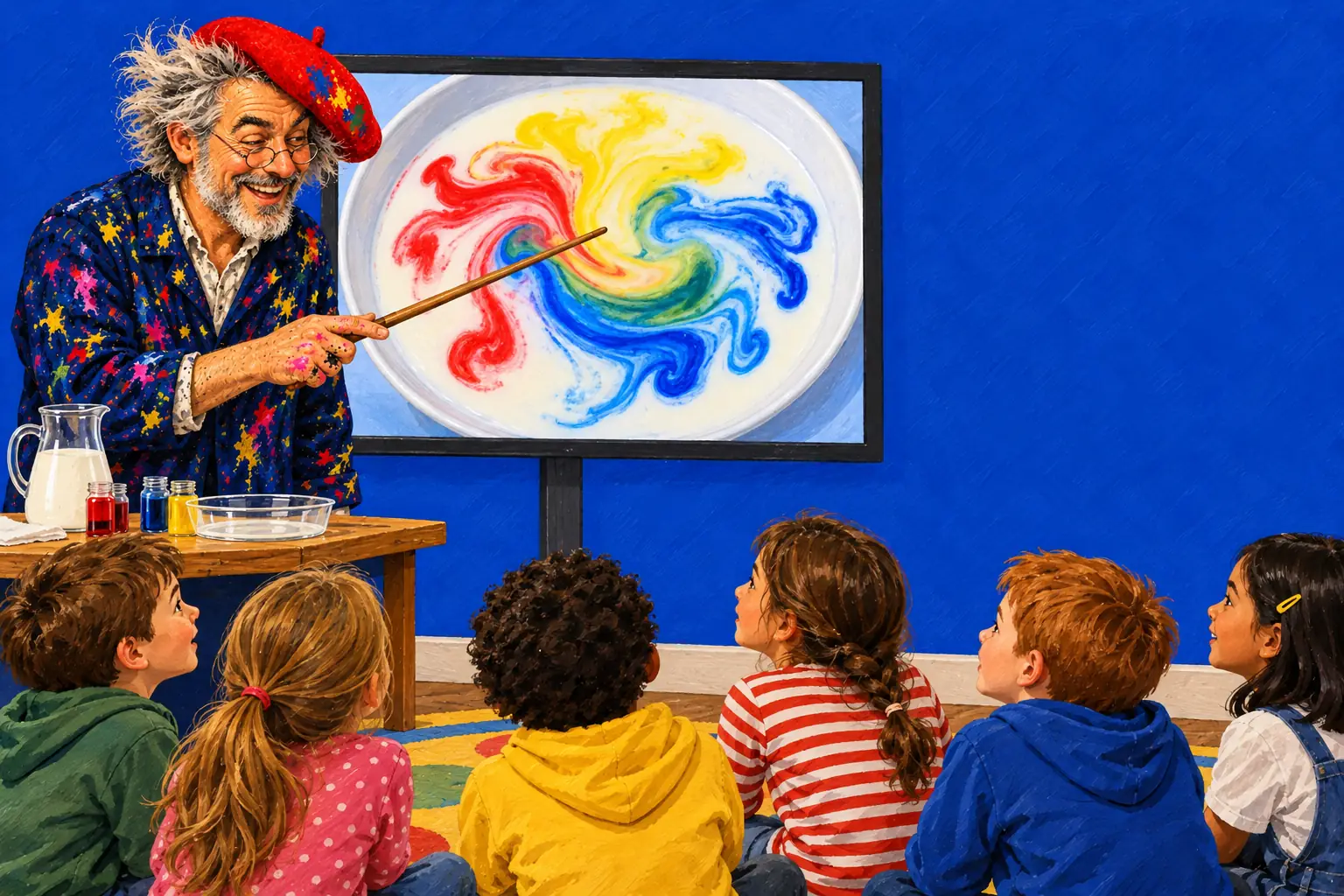 Painted illustration of children on a rug watching swirling milk colours on a classroom screen, the painter beside it with a pointer.