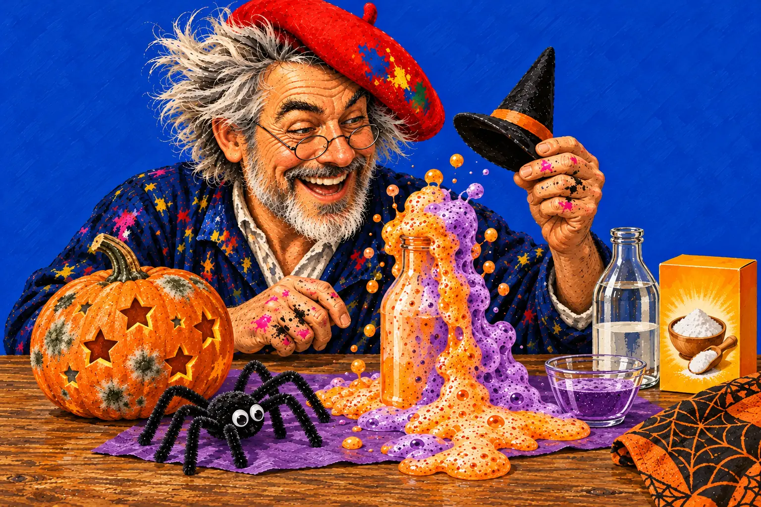 Painted illustration of a pumpkin with star-shaped holes and mould spots, a bottle foaming over in orange and purple and a pipe-cleaner spider, the painter holding a witch's hat.