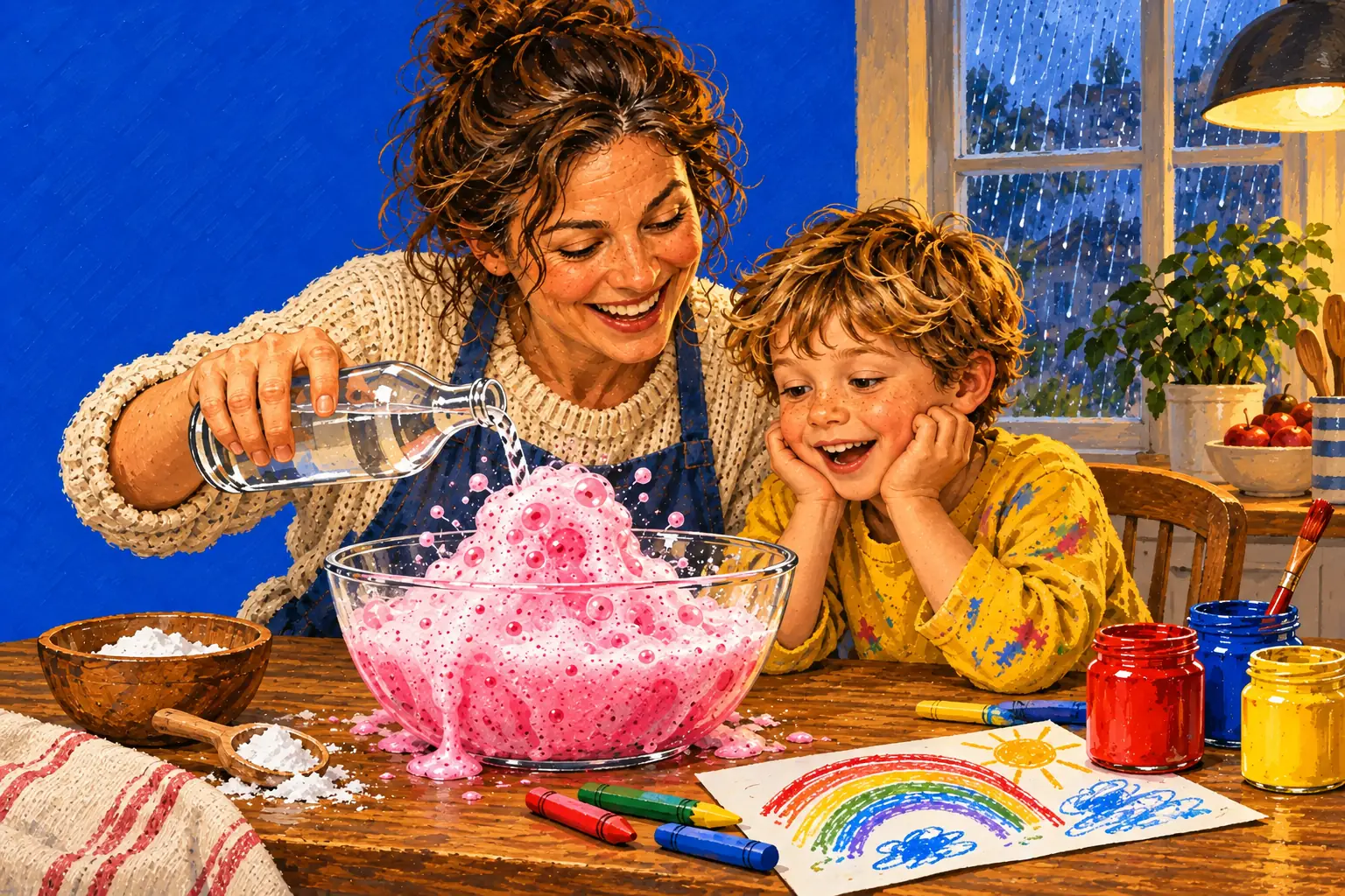 Painted illustration of a parent and child at a kitchen table watching baking soda fizz up pink, with paints and a rainbow drawing, rain on the window.