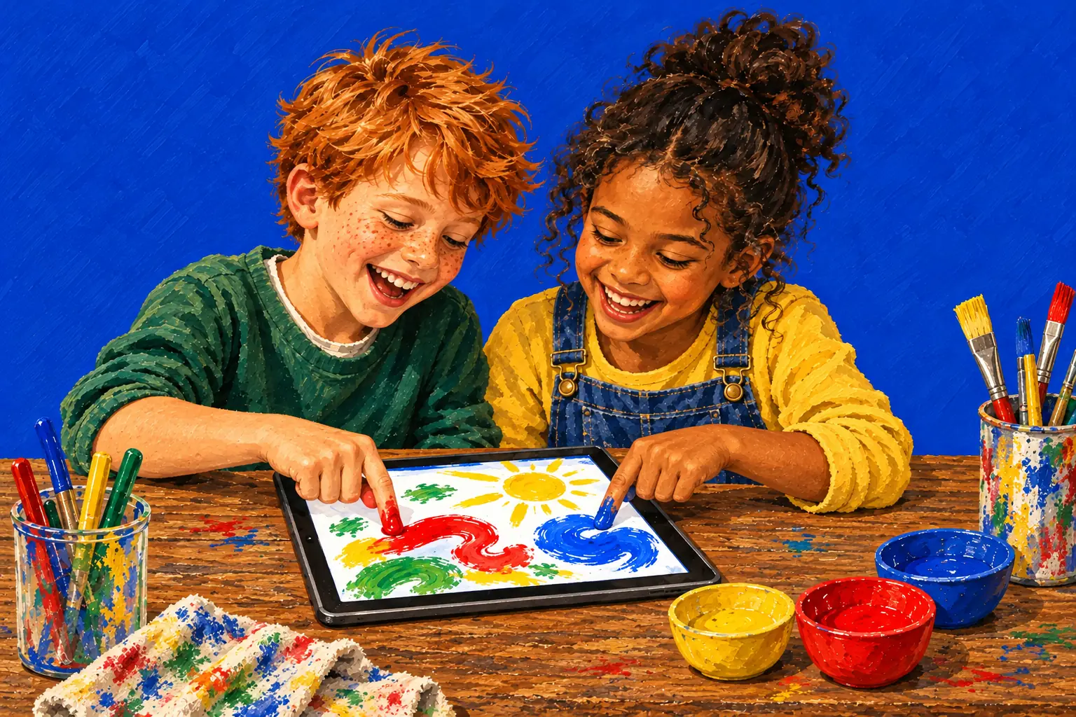 Illustration peinte : deux enfants peignent ensemble sur une même tablette à une table de classe, chacun avec un doigt, en riant.