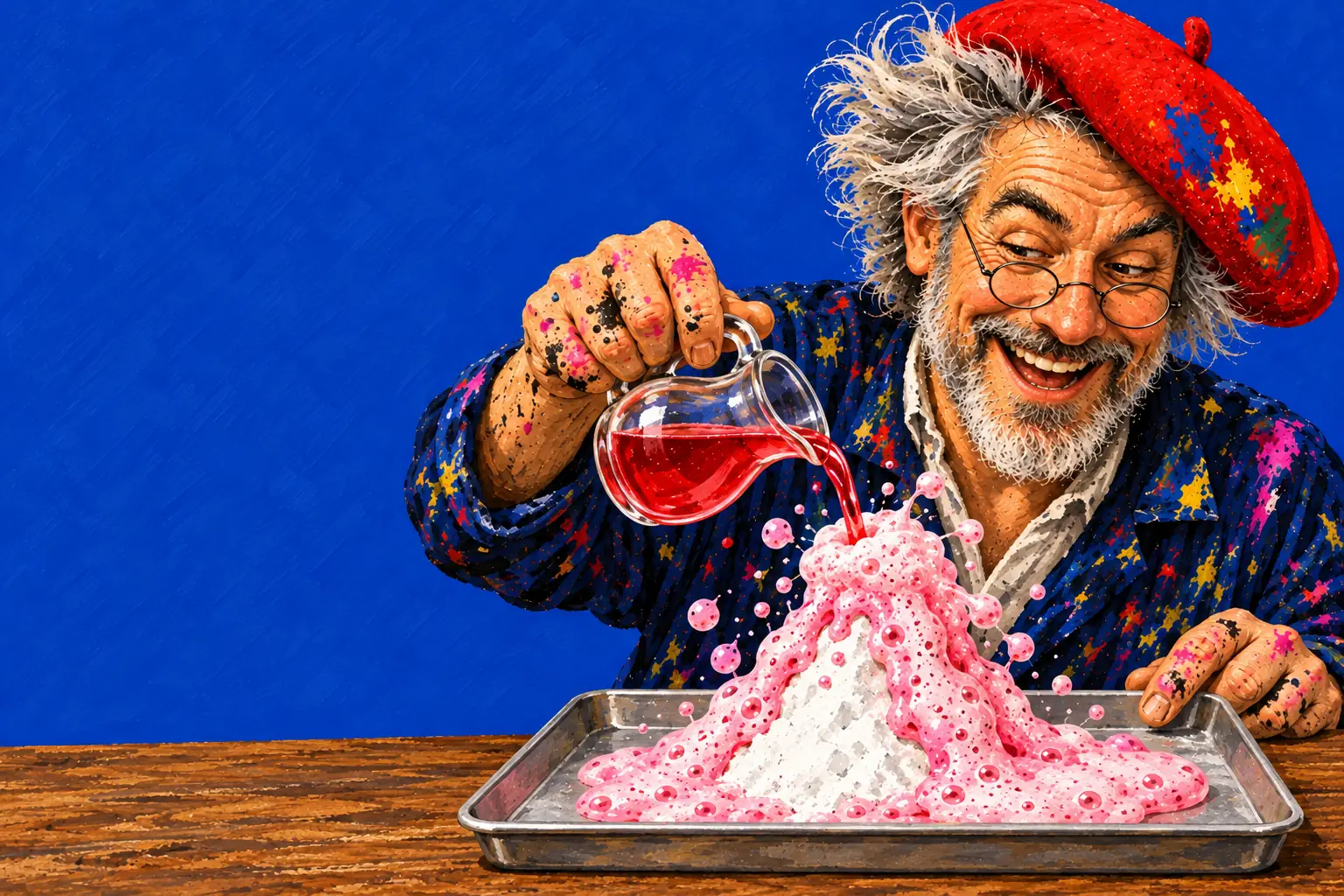 Gemalte Illustration: Der Maler gießt roten Essig auf einen Haufen Natron auf einem Tablett, der zu rosa Schaum aufsprudelt.