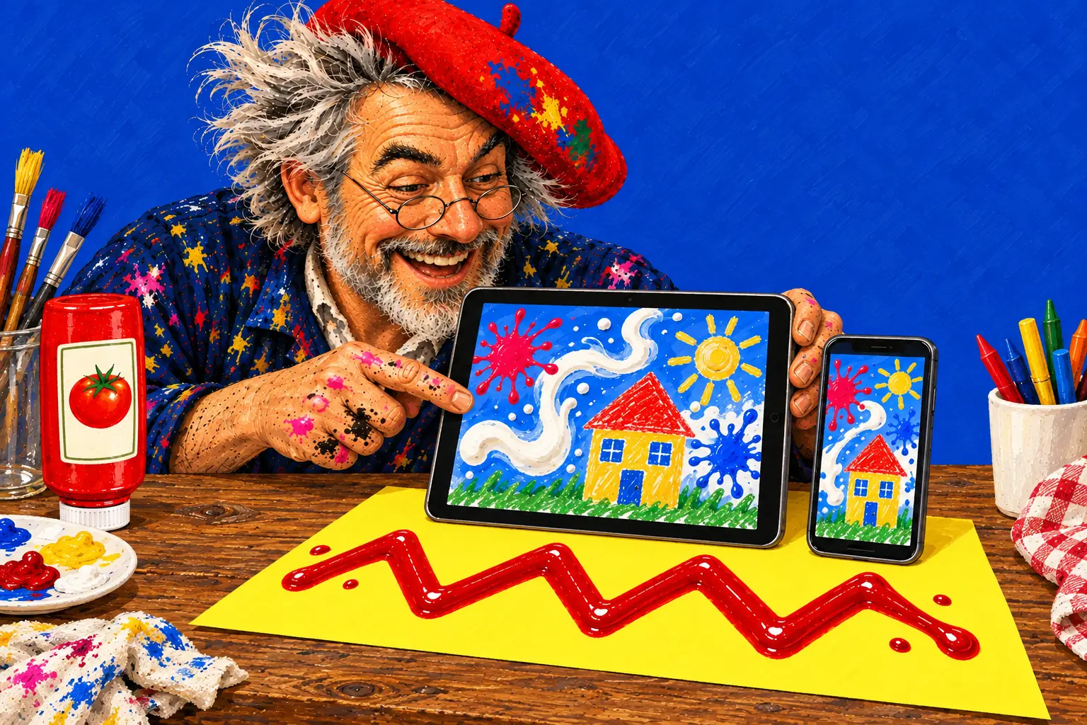 Geschilderde illustratie: een tablet en een telefoon op een geel vel met een ketchupzigzag, met op beide schermen verfspatten, kolkende melk en een waskrijthuis; de schilder kijkt er glimlachend naar.