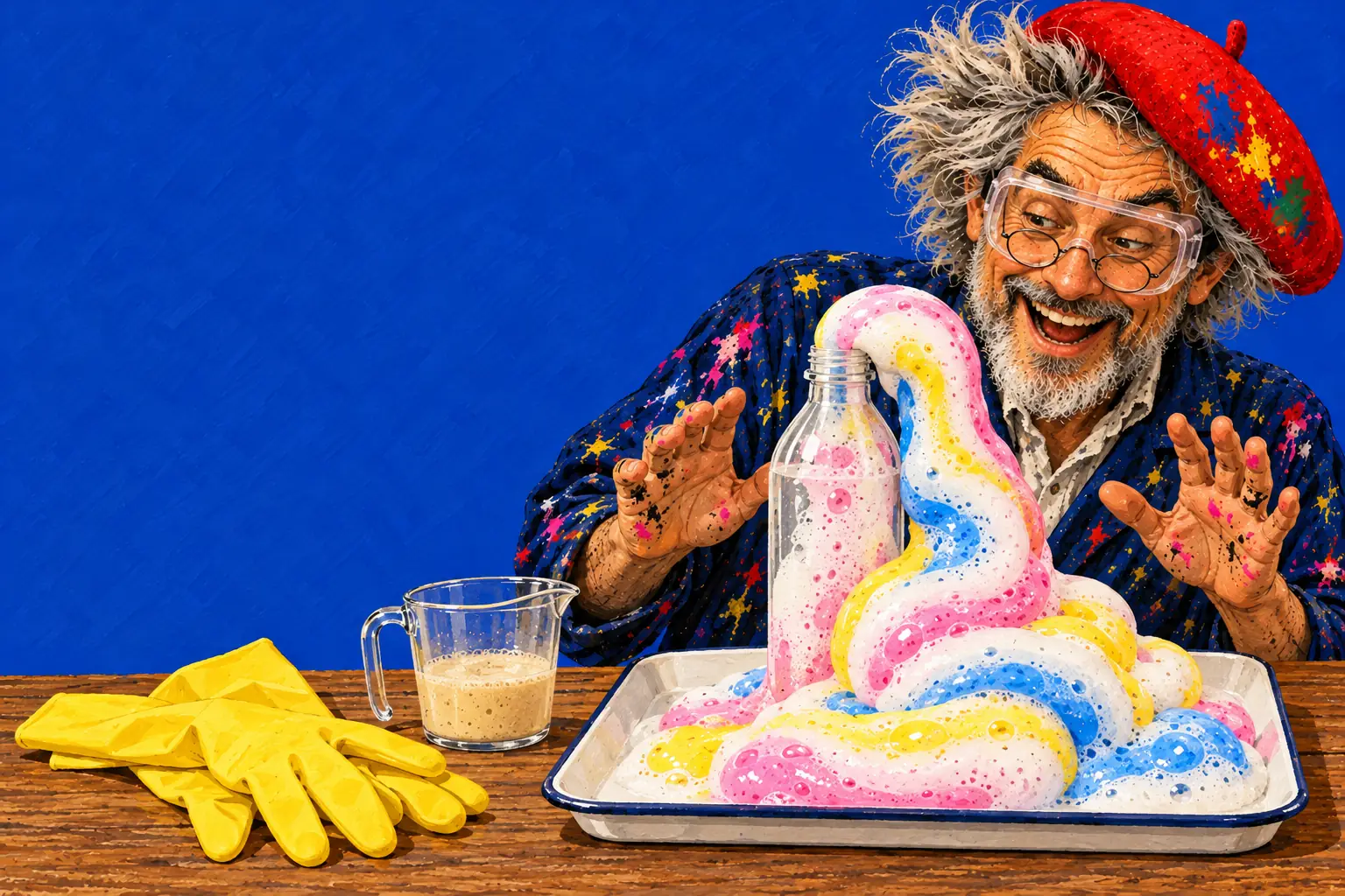 Geschilderde illustratie: uit een fles op een dienblad komt een dikke schuimslang met roze, gele, blauwe en witte strepen; de schilder met veiligheidsbril leunt verbaasd achterover.