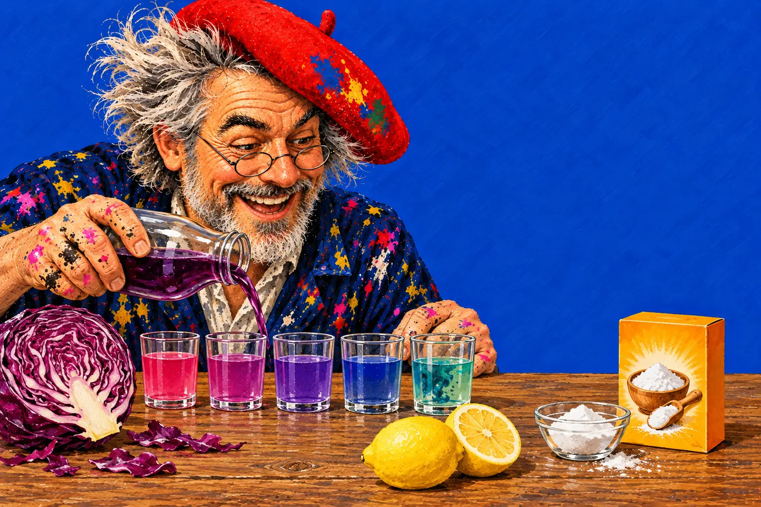 Geschilderde illustratie: de schilder schenkt paars rodekoolsap in een rij glazen die van roze via paars en blauw naar groen kleuren, met een citroen en baking soda.