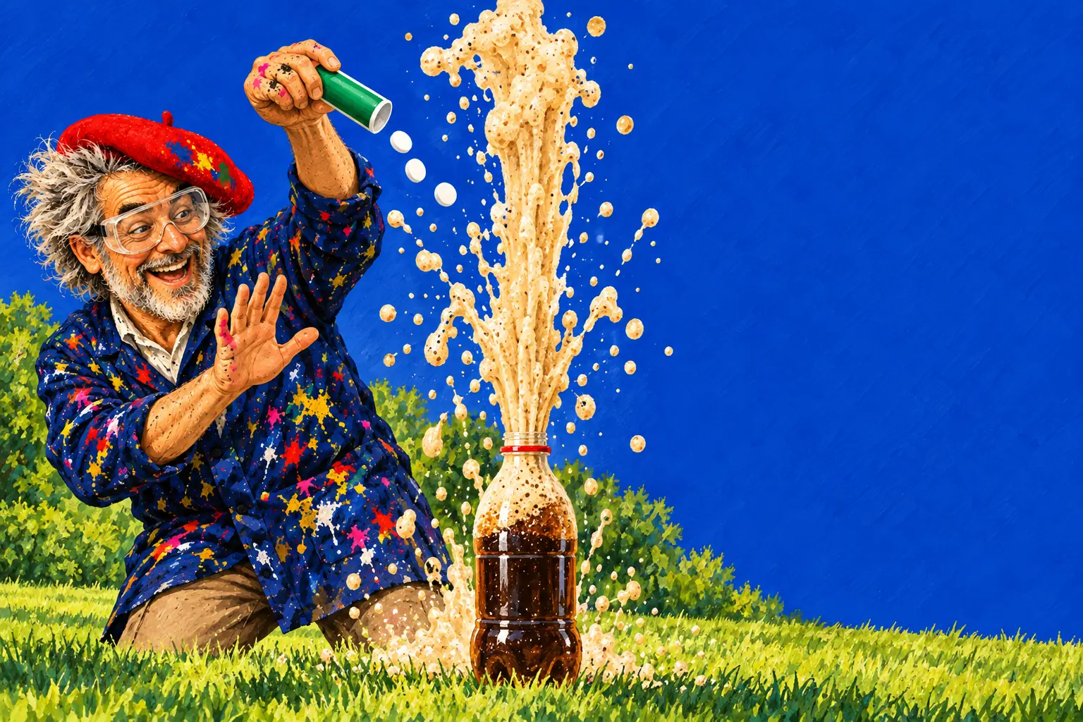 Geschilderde illustratie: uit een colafles op het gras spuit een hoge fontein van schuim omhoog als de pepermuntjes erin vallen; de schilder met veiligheidsbril staat er lachend naast.
