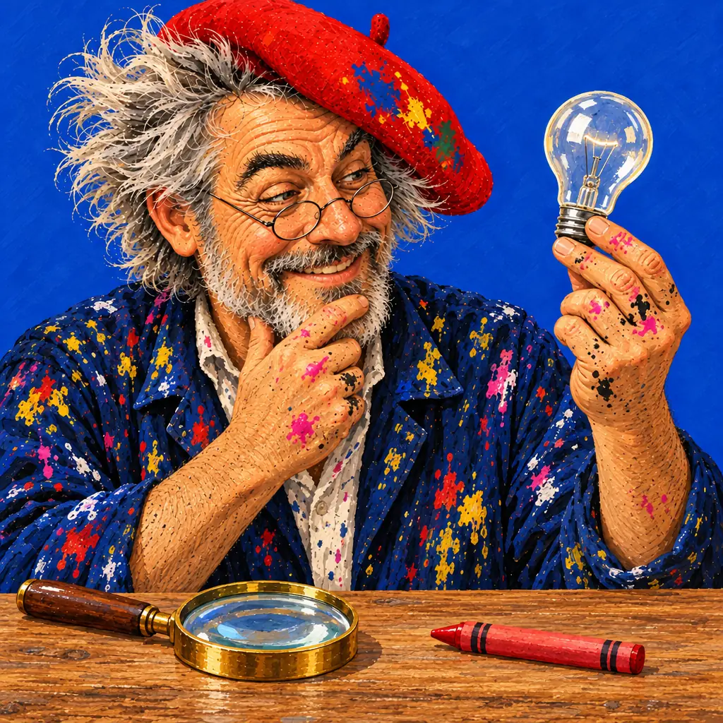 Painted illustration of the painter stroking his beard as he looks at a light bulb in his hand, a magnifying glass and a crayon on the table.
