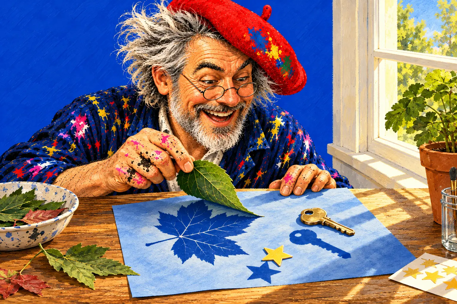 Gemalte Illustration: Der Maler hebt auf einer sonnigen Fensterbank ein Blatt von ausgeblichenem blauem Papier, auf dem Blatt, Schlüssel und Stern dunklere Formen hinterlassen haben.