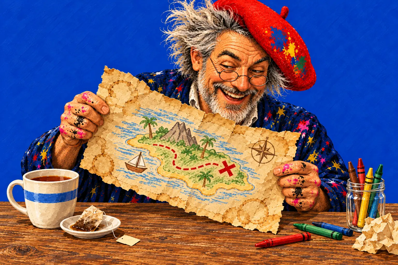 Gemalte Illustration: Der Maler hält eine mit Tee gefärbte Schatzkarte hoch, mit einer Wachsmalstift-Insel, einem gepunkteten Weg und einem roten Kreuz, neben ihm eine Tasse Tee und ein Teebeutel.