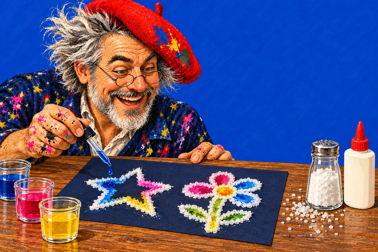 Illustration peinte : sur un carton foncé, le peintre fait couler de la peinture bleue, rose et jaune sur une étoile et une fleur de colle couvertes de sel, et la couleur file le long du sel.