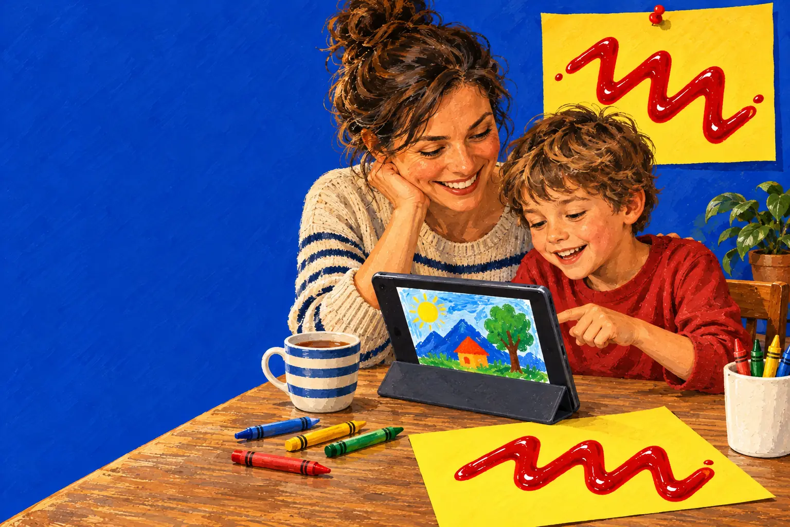 Geschilderde illustratie: een ouder en een kind aan de keukentafel kijken naar een kleurrijk schilderij op een tablet, met een kopje thee, waskrijtjes en een tekening met een ketchupzigzag.