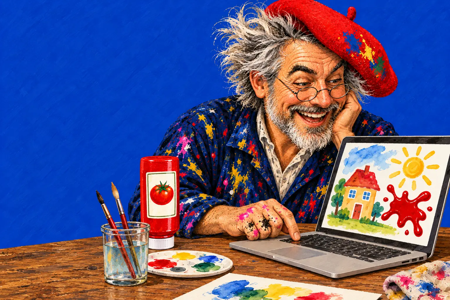 ノートパソコンに向かう画家の手描きのイラスト。画面には家と太陽とケチャップのしぶきの水彩画。