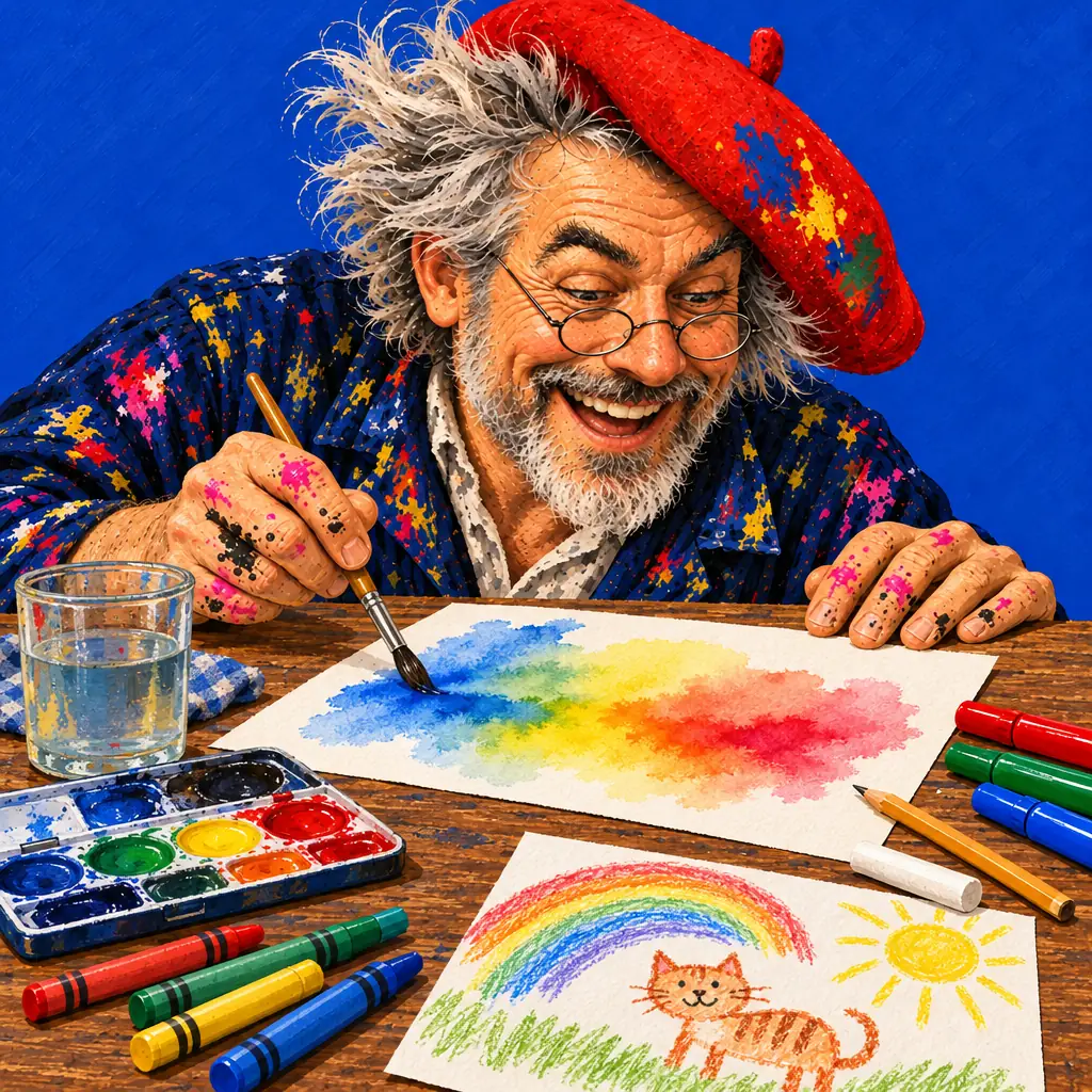 Geschilderde illustratie: de schilder zet een regenboog in waterverf die uitloopt in nat papier, met waskrijtjes, stiften, een verfdoos en een regenboogtekening van een kind.