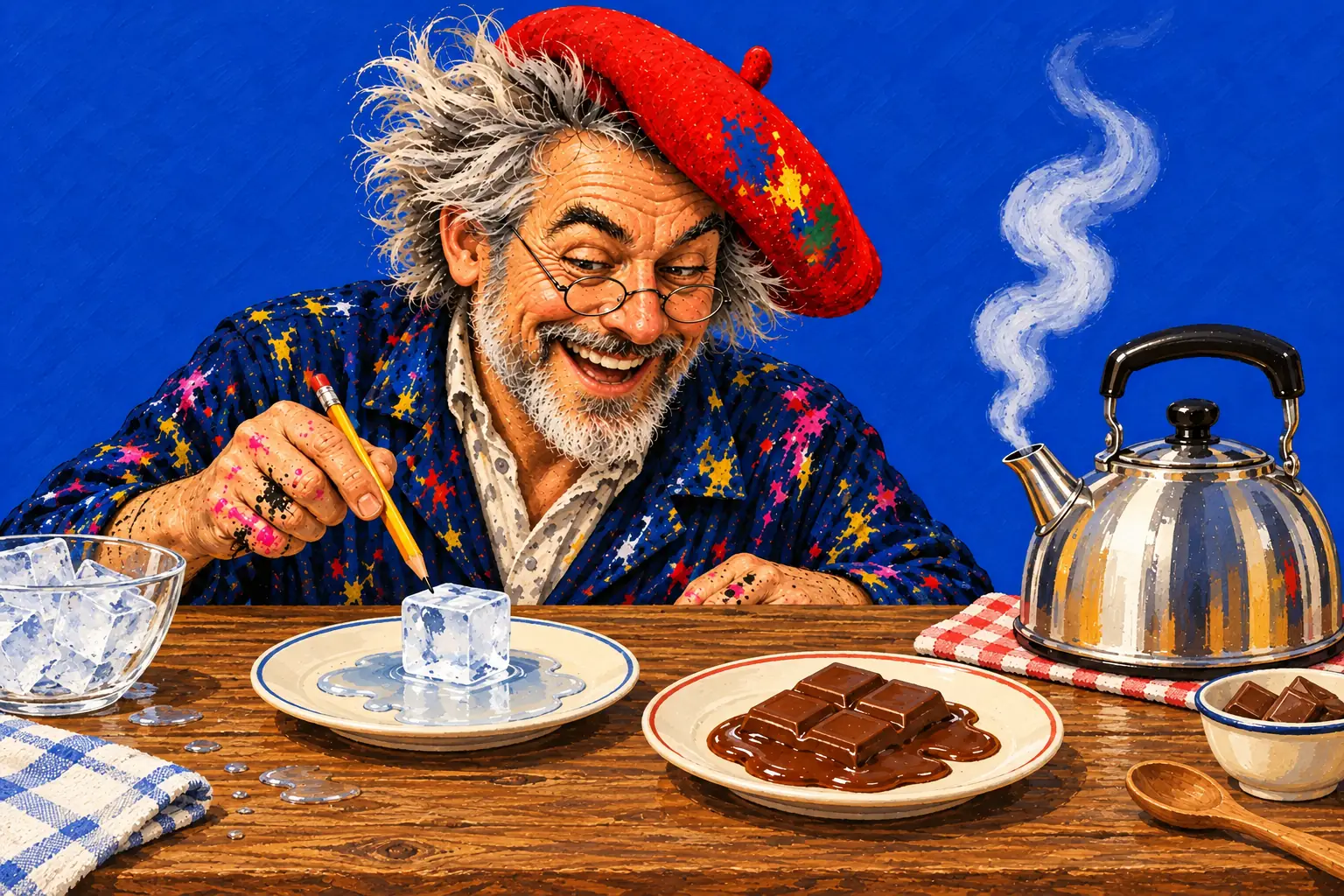 Painted illustration of the painter pointing a pencil at a melting ice cube, beside melting chocolate and a kettle letting off steam.