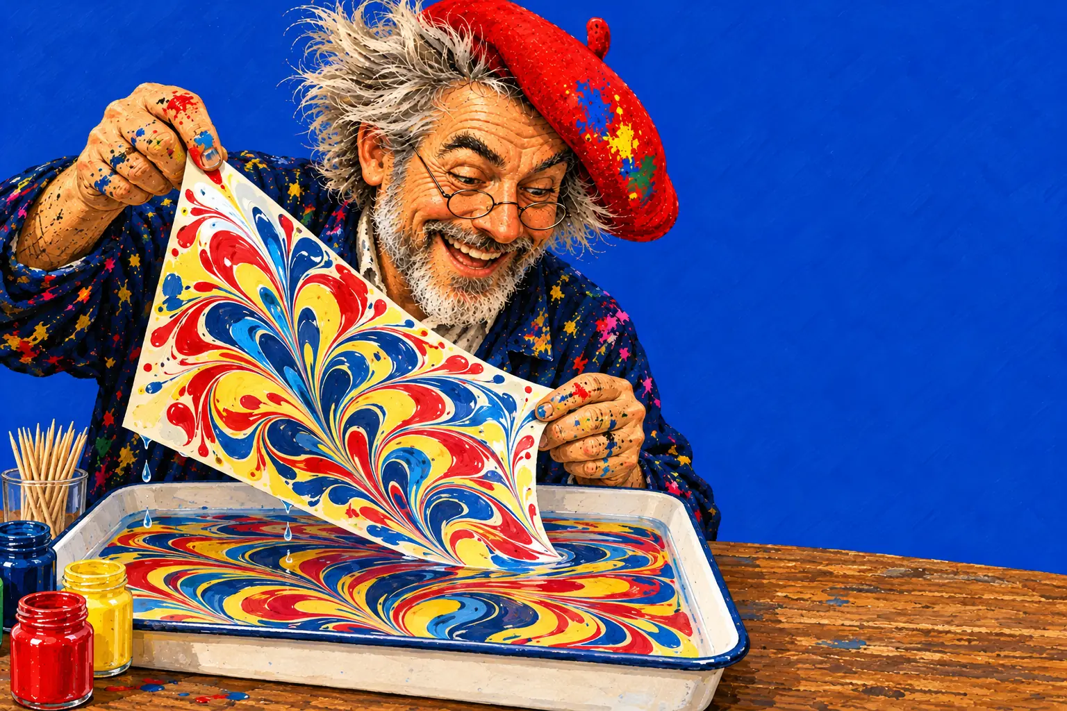 Gemalte Illustration: Der Maler hebt ein Blatt Papier mit rot-blau-gelbem Marmormuster aus einer Wanne mit schwimmender Farbe.