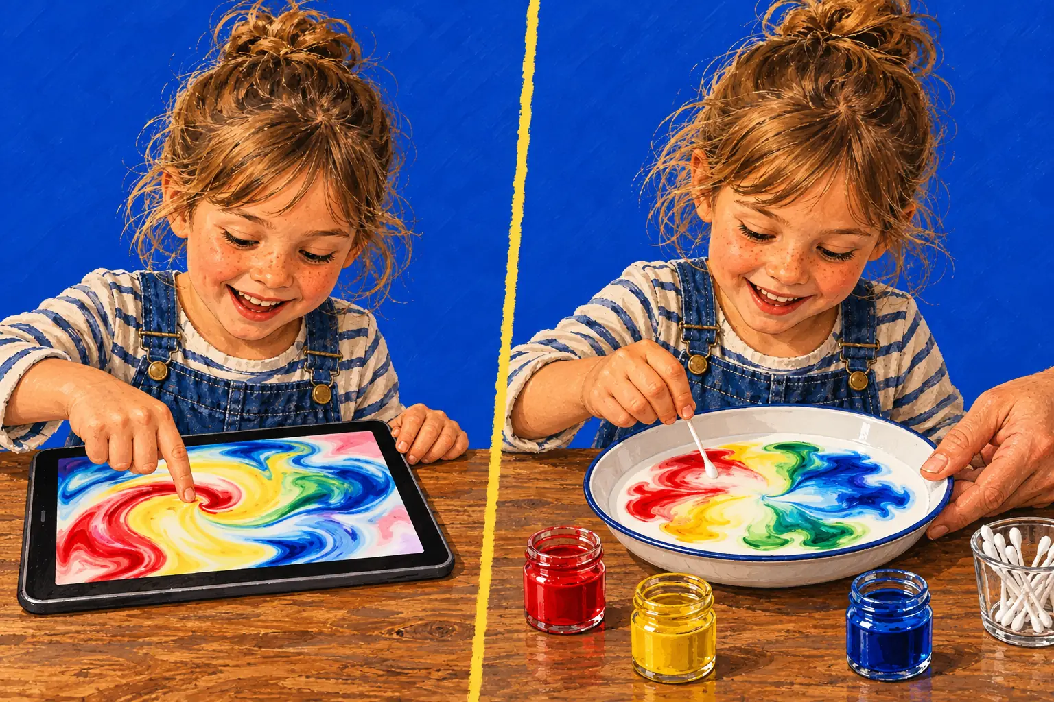 Illustration peinte en deux moitiés : une fille fait le lait magique sur une tablette, puis la même fille le fait pour de vrai dans une assiette de lait, aidée par la main d'un adulte.