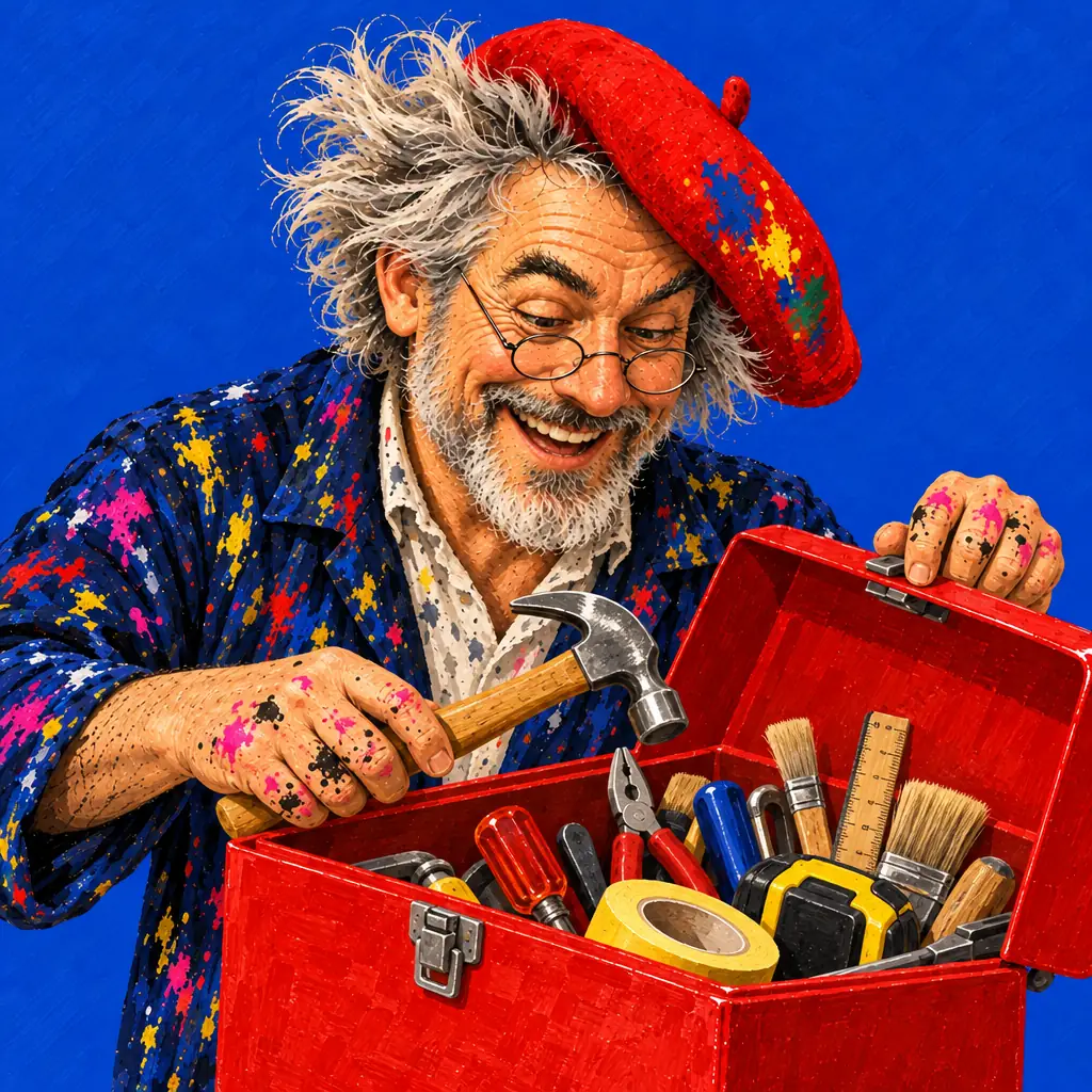 Painted illustration of the painter looking into an open red toolbox and picking out a hammer.