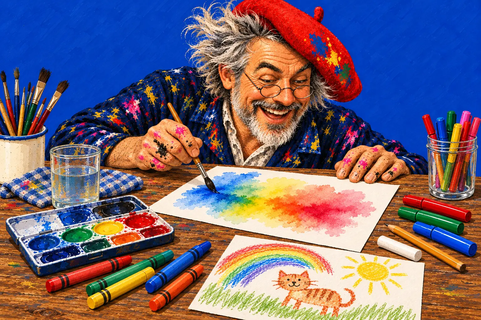 Gemalte Illustration: Der Maler malt einen Regenbogen in Wasserfarbe, der ins nasse Papier verläuft, daneben Wachsmalstifte, Filzstifte, ein Malkasten und ein Regenbogenbild eines Kindes.