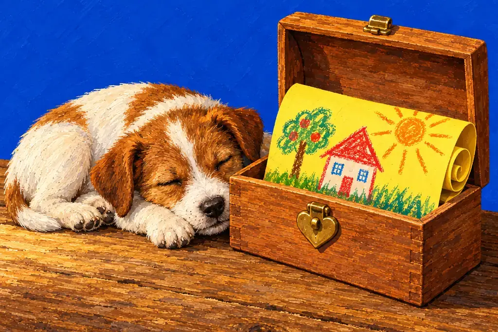 Illustration peinte : un dessin d'enfant roulé bien à l'abri dans une petite boîte en bois au fermoir en forme de cœur, un chiot endormi à côté.